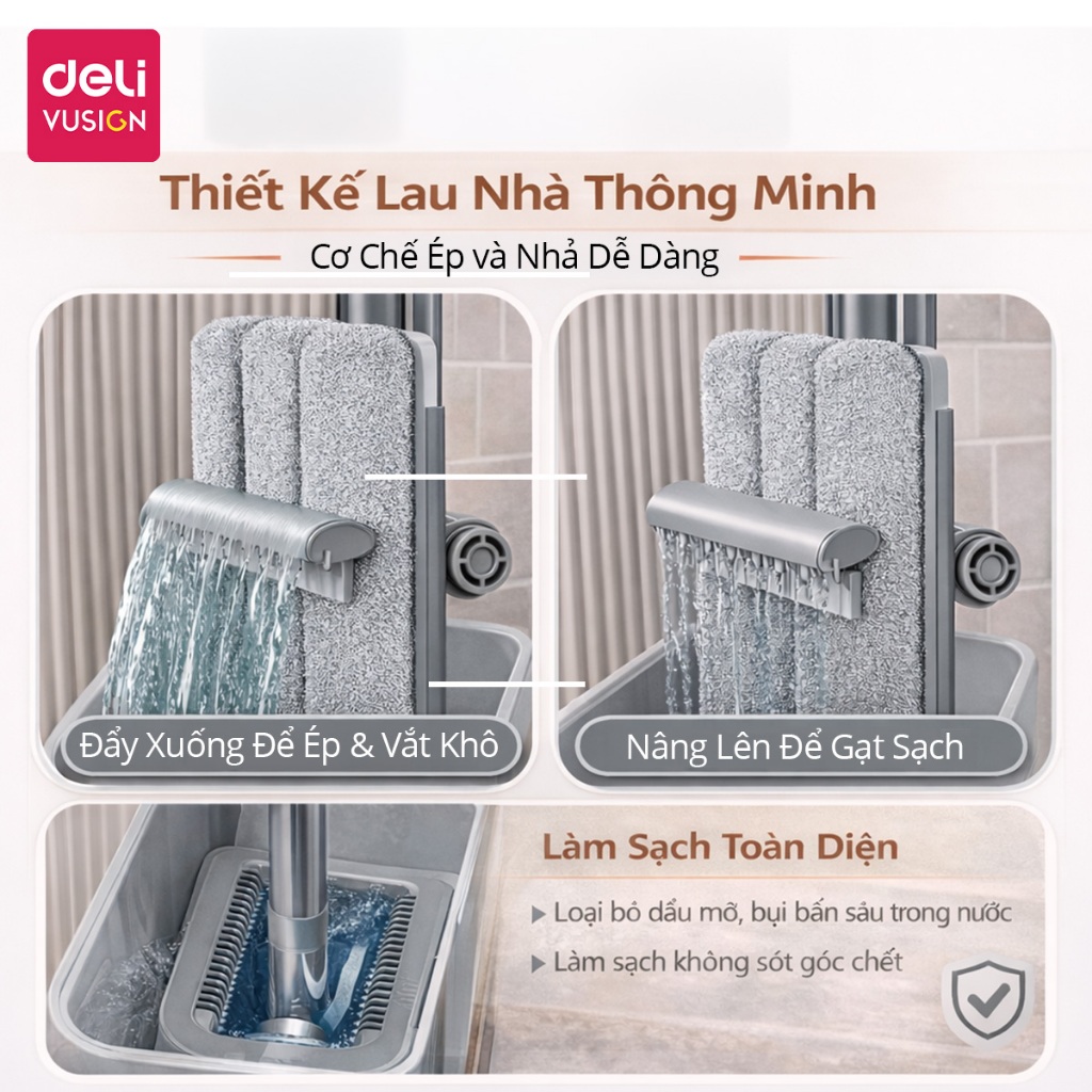 Bộ Cây Lau Nhà Tự Vắt Thế Hệ Mới Deli Chổi Lau 360 Độ Siêu Mỏng 4 Hệ Thống Làm Sạch Có Lỗ Thoát Nước
