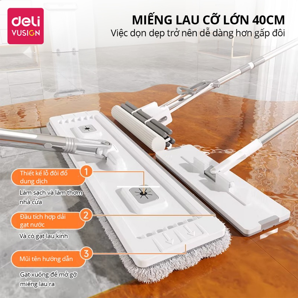 Bộ Cây Lau Nhà Tự Vắt Thế Hệ Mới Deli Chổi Lau 360 Độ Siêu Mỏng 4 Hệ Thống Làm Sạch Có Lỗ Thoát Nước
