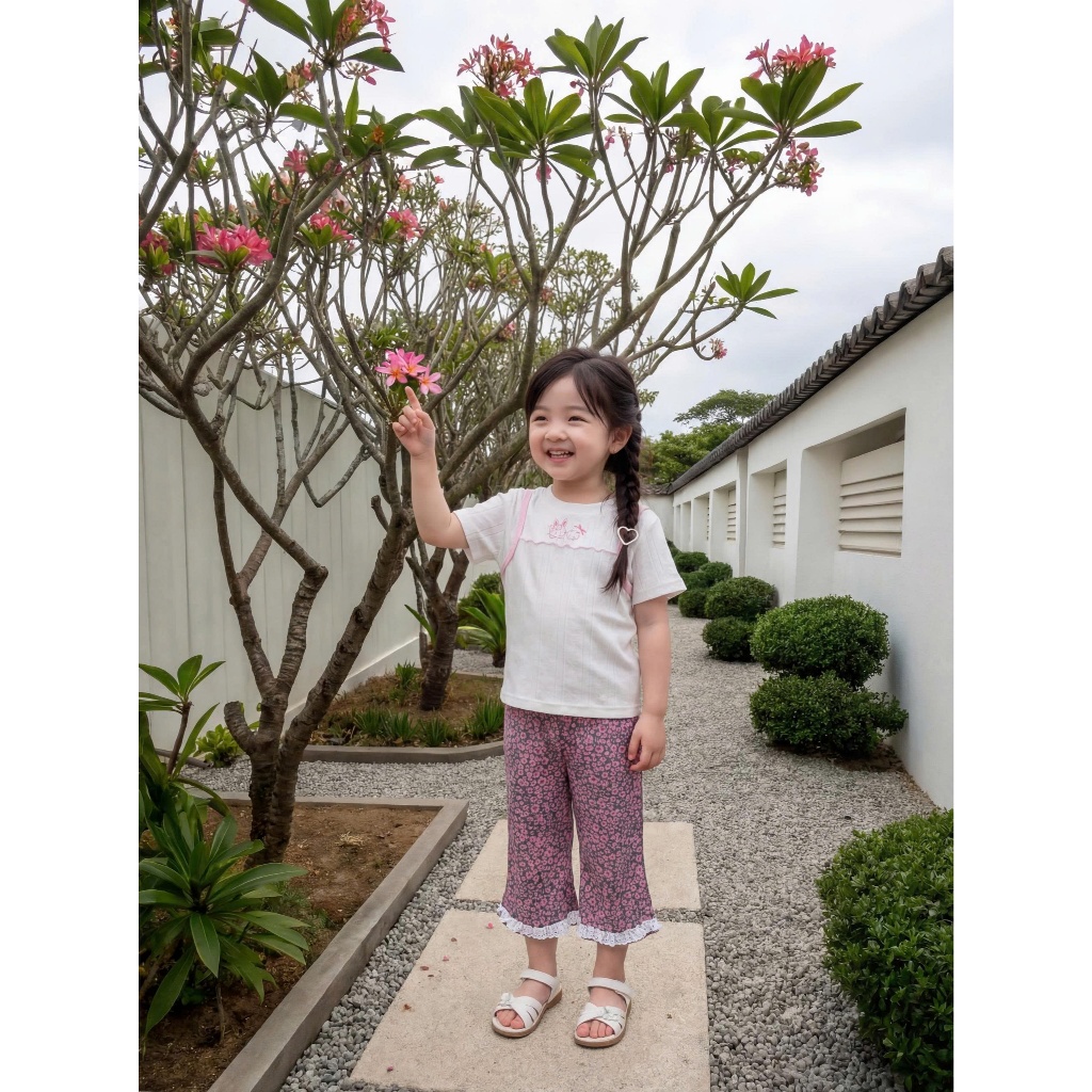 Set bộ cộc tay bé gái Miniumbaby thiết kế điệu đà mix quần dáng lửng, chất cotton thoáng khí SB2549