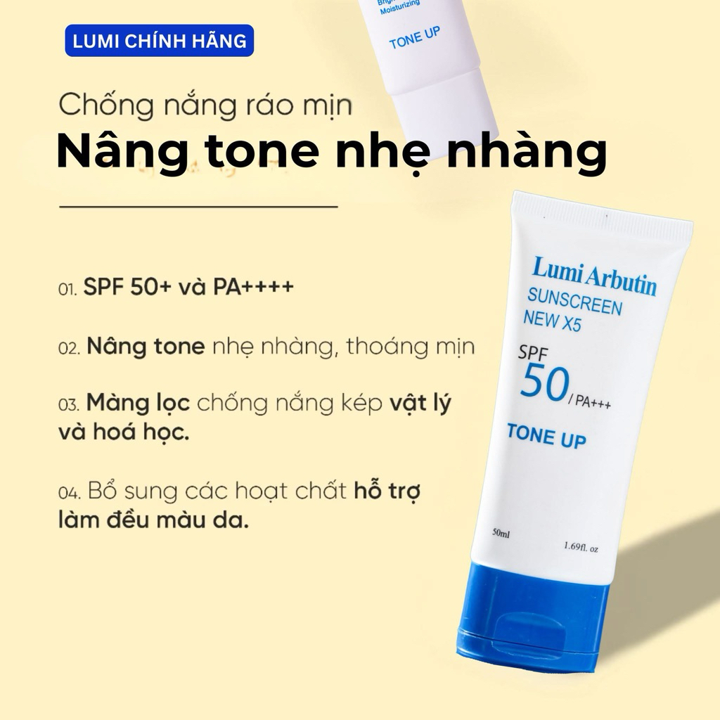 Kem Chống Nắng Lumi Arbutin Sunscreen New X5 – Bảo Vệ Da Hằng Ngày, Dưỡng Da Mịn Sáng