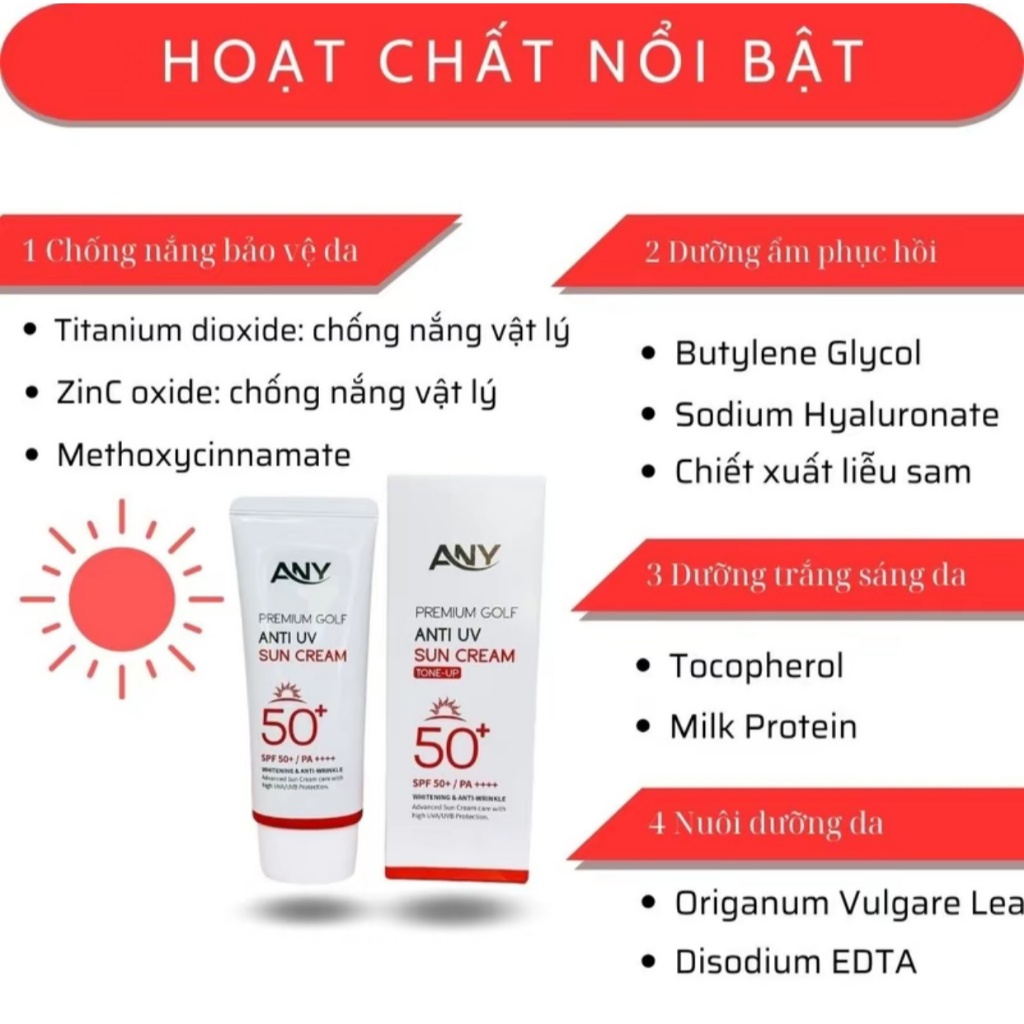 [5Tuýp+5Nạ] Combo 5 Kem Chống Nắng Any Hàn Quốc Nâng tông Premium Golf Anti UV SPF 50+ 60ml, trắng hồng tự nhiên