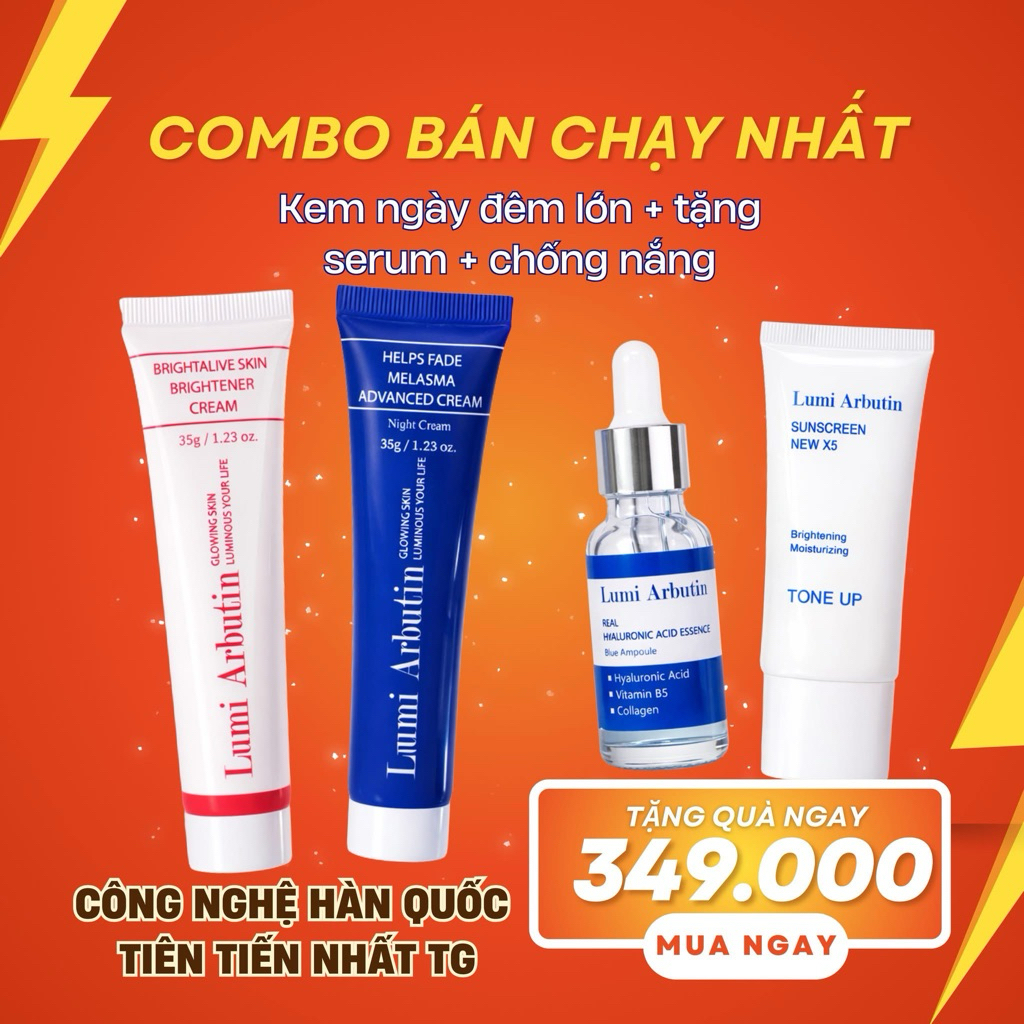 Combo Lumi Arbutin Kem Ngày Đêm + Serum B5/HA + Kem Chống Nắng – Bộ Chăm Sóc Da Hằng Ngày