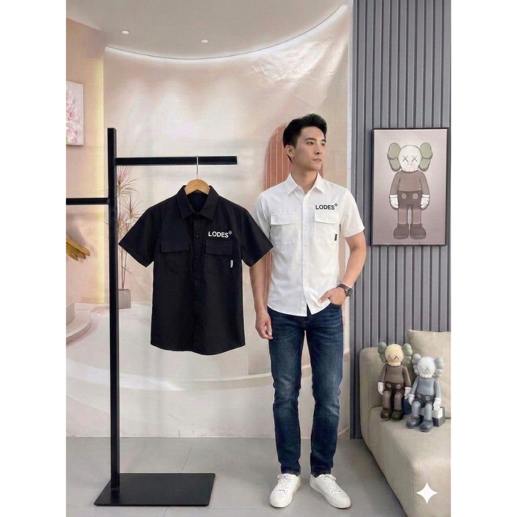 [iSMh.14] 45-90kg Áo Sơ Mi Nam thêu ngắn Tay, Vải cotton, co dãn nhẹ, độ dày vừa phải, rẻ, đẹp, trẻ