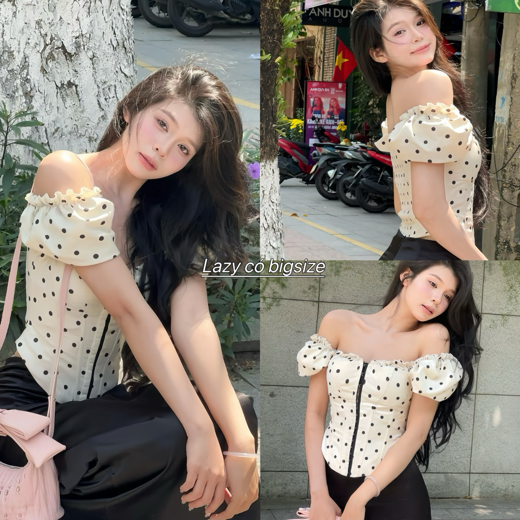 [Hàng loại 1] Áo kiểu Corset cup ngực chấm bi A24 tay phồng cổ vuông ôm eo tiểu thư vitage quyến rũ | BigBuy360 - bigbuy360.vn