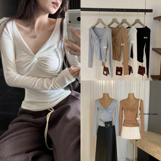 𝐏𝐡𝐢𝐞𝐧 𝐖𝐆𝐖𝐄 | (Sẵn) w8415 Áo Thun Co Dãn Mỏng Nhẹ Không Lộ Soắn Ngực Cổ V Dài Tay