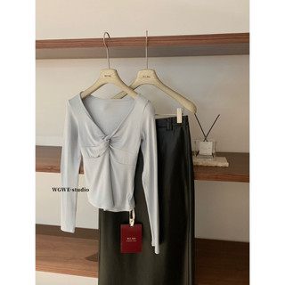 𝐏𝐡𝐢𝐞𝐧 𝐖𝐆𝐖𝐄 | (Sẵn) w8415 Áo Thun Co Dãn Mỏng Nhẹ Không Lộ Soắn Ngực Cổ V Dài Tay