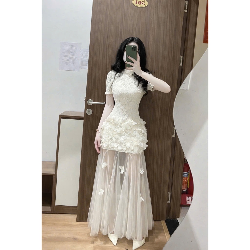 ZIMM STORE-Váy ôm body phối ren họa tiết đính hoa nổi phần eo chân váy voan lưới