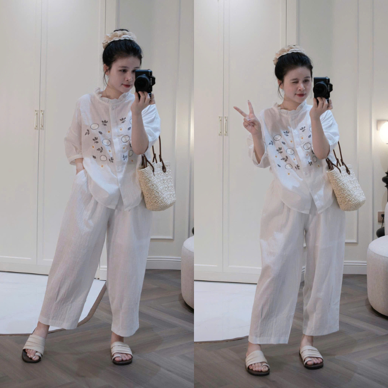 ZIMM STORE-Bộ đũi trắng thêu hoa nhí thanh lịch áo form rộng thoải mái phối quần dài