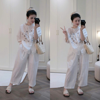 Set bộ đồ nữ màu trắng thêu hoa cúc áo tay lỡ kèm quần suông
