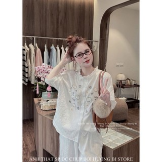 Set bộ đồ nữ màu trắng thêu hoa cúc áo tay lỡ kèm quần suông