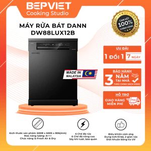Máy rửa bát Dann DW88LUX12B Cao 780-802mm khoang rửa rộng, sấy tăng cường, diệt khuẩn UV