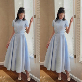 Váy cổ sen kẻ sọc tay ngắn viền ren bèo nhẹ nhàng chất vải mát mẻ