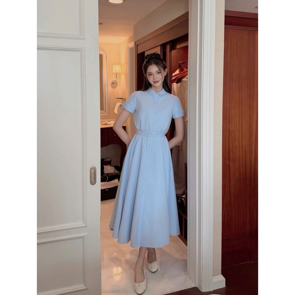 ZIMM STORE-Váy sơ mi thiết kế kẻ sọc xanh cổ sen tay bồng nhẹ nhàng thanh lịch