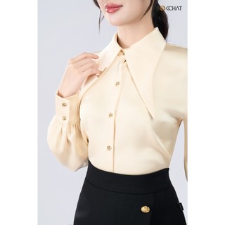 Áo Sơ Mi Nữ 𝐂𝐂𝐇𝐀𝐓 Dáng Suông Kiểu Calla Cổ Nơ Dài Chất Liệu Lụa Mềm Mại 25FDL2021ST