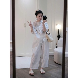 Set bộ đồ nữ màu trắng thêu hoa cúc áo tay lỡ kèm quần suông