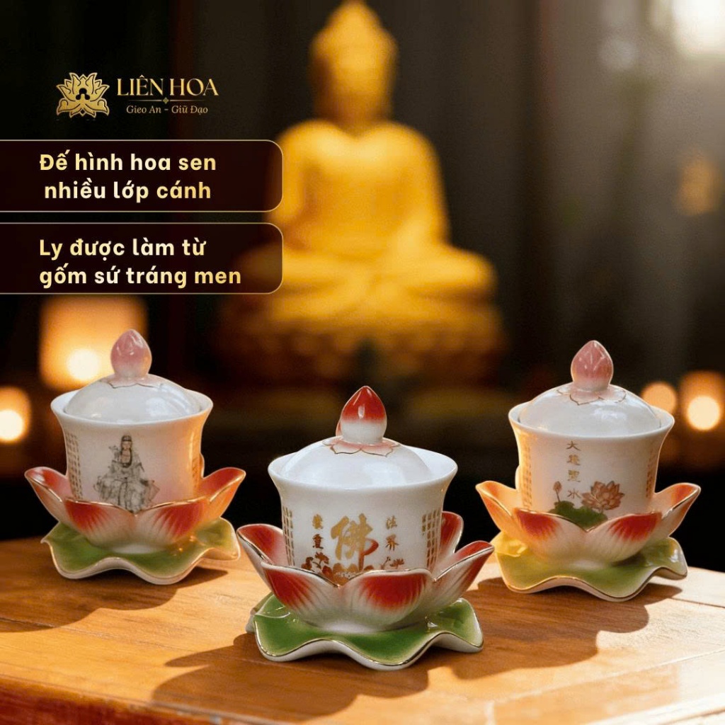 Ly Nước Thờ Phật Đế Hoa Sen Gốm Sứ Cao Cấp | Ly Nước Bàn Thờ, Ly Nước Cúng Họa Tiết Quan Âm Đại Bi