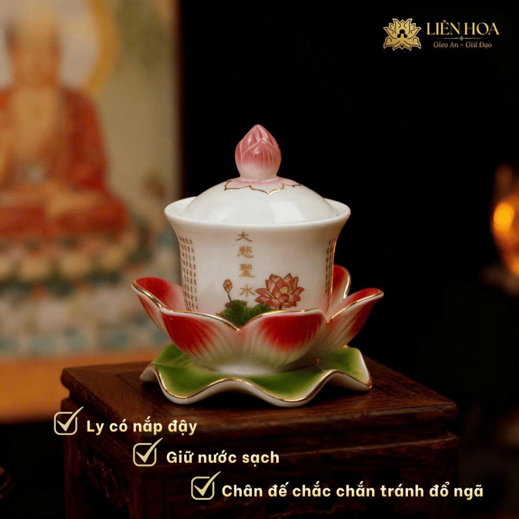 Ly Nước Thờ Phật Đế Hoa Sen Gốm Sứ Cao Cấp | Ly Nước Bàn Thờ, Ly Nước Cúng Họa Tiết Quan Âm Đại Bi