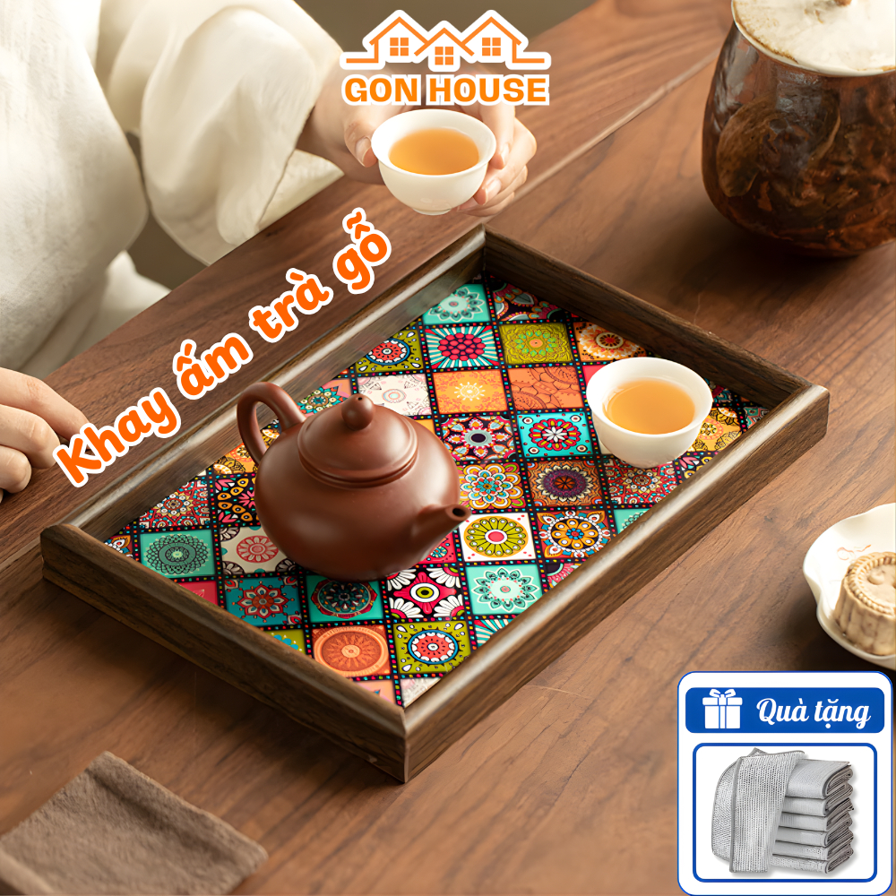 Khay Trà Gỗ Họa Tiết Mosaic Phong Cách Bohemian GONHOUSE Khay Đựng Ly Cốc Sang Trọng, Decor Nhà Cửa Tiện Lợi