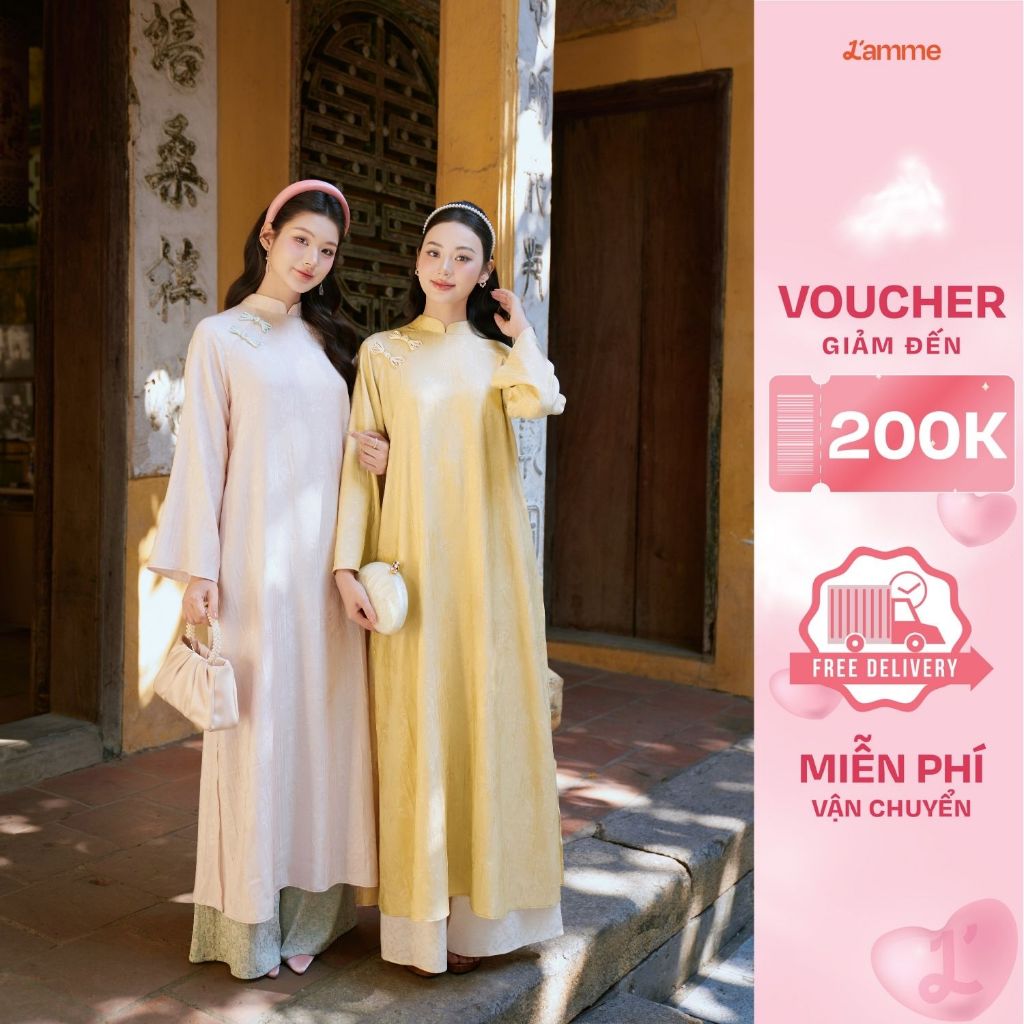[Kèm quần lụa + Khăn lụa] Áo dài thiết kế dáng suông Lam Nhã chất liệu gấm, hoa văn dệt nổi 2 tà BST PHONG HOA BY L'AMME