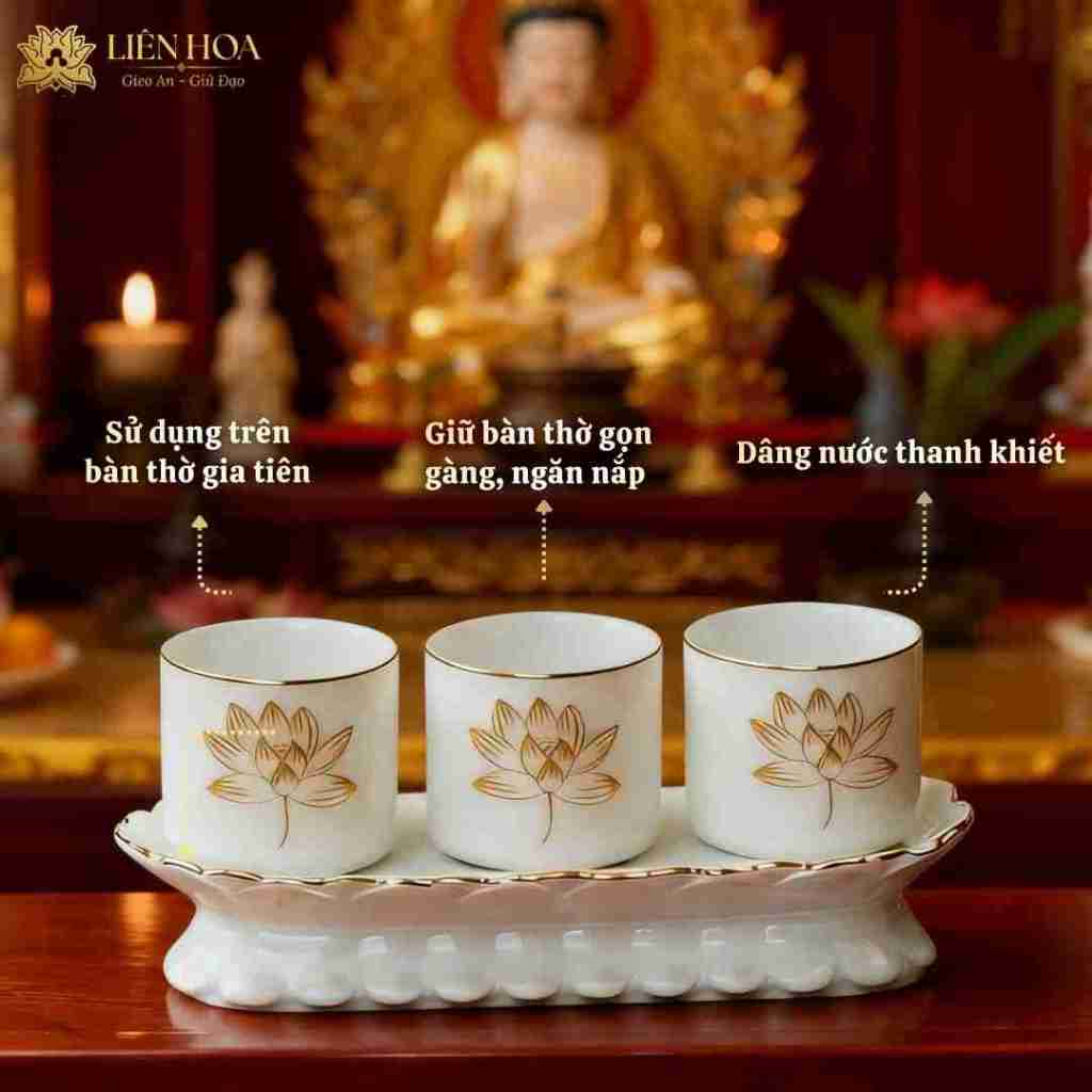 Bộ 3 Ly Nước Thờ Phật Gốm Sứ Trắng | Ly Nước Bàn Thờ, Ly Nước Cúng Gia Tiên Viền Hoa Sen Vàng