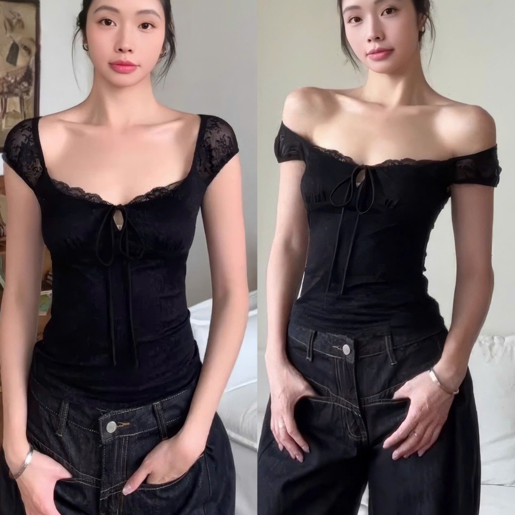(sẵn)Áo thun ngắn tay cổ vuông nơ buộc kết hợp lưng ren hoa thời trang nữ ATNT017 - Tiktik