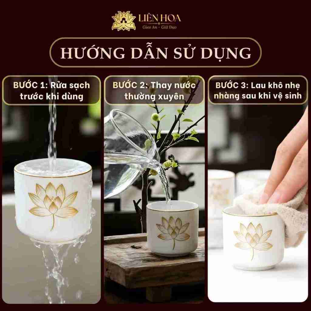 Bộ 3 Ly Nước Thờ Phật Gốm Sứ Trắng | Ly Nước Bàn Thờ, Ly Nước Cúng Gia Tiên Viền Hoa Sen Vàng