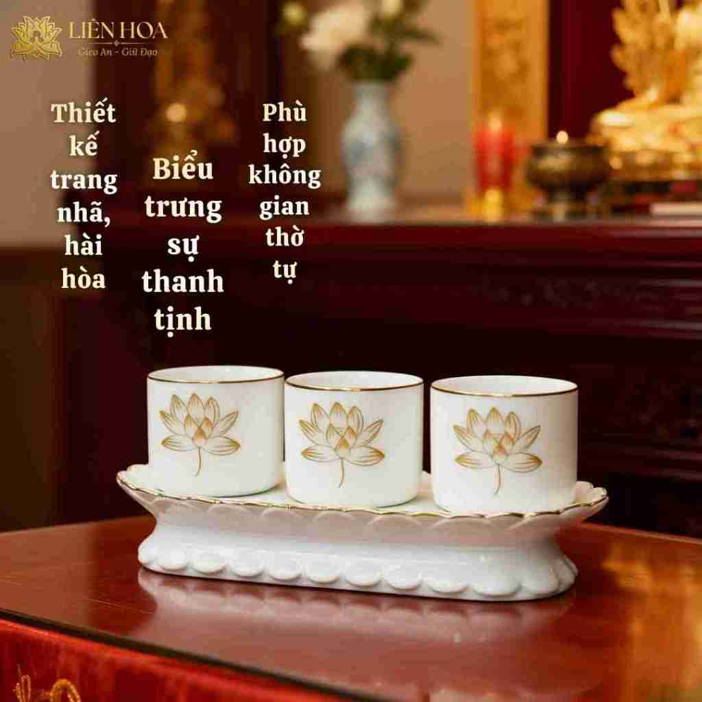 Bộ 3 Ly Nước Thờ Phật Gốm Sứ Trắng | Ly Nước Bàn Thờ, Ly Nước Cúng Gia Tiên Viền Hoa Sen Vàng