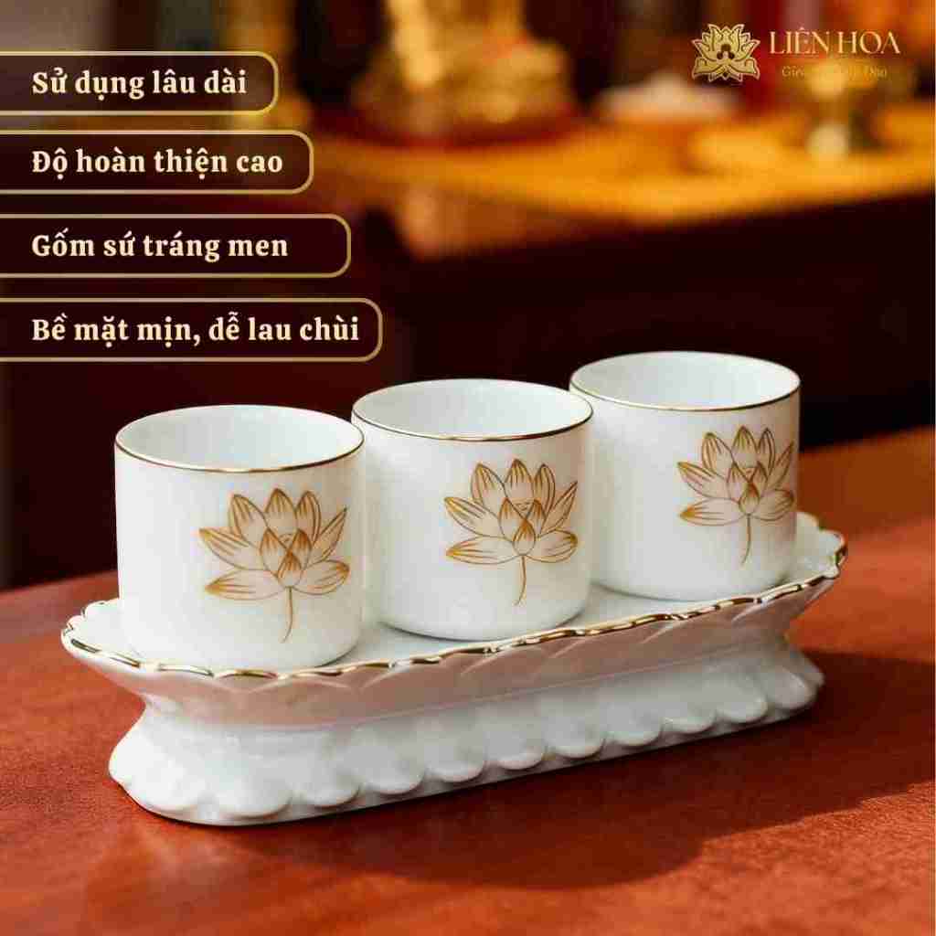 Bộ 3 Ly Nước Thờ Phật Gốm Sứ Trắng | Ly Nước Bàn Thờ, Ly Nước Cúng Gia Tiên Viền Hoa Sen Vàng
