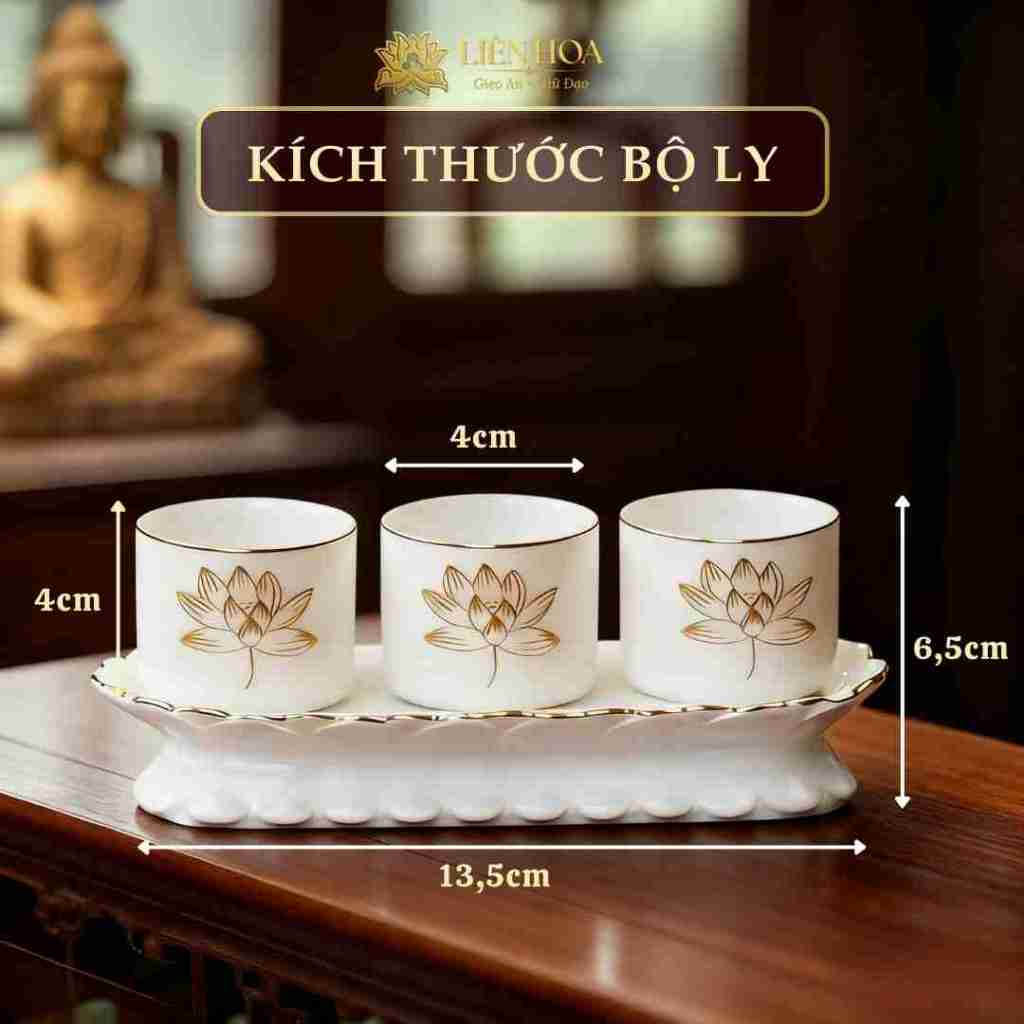 Bộ 3 Ly Nước Thờ Phật Gốm Sứ Trắng | Ly Nước Bàn Thờ, Ly Nước Cúng Gia Tiên Viền Hoa Sen Vàng