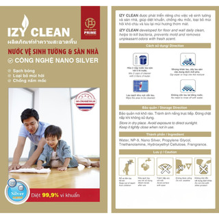 [Mua là có quà] Nước Vệ Sinh Tường & Sàn Nhà PRIME IZY Clean Nano Silver 1000ml Diệt Khuẩn 99.9%, Khử Mùi, Chống Nấm Mốc
