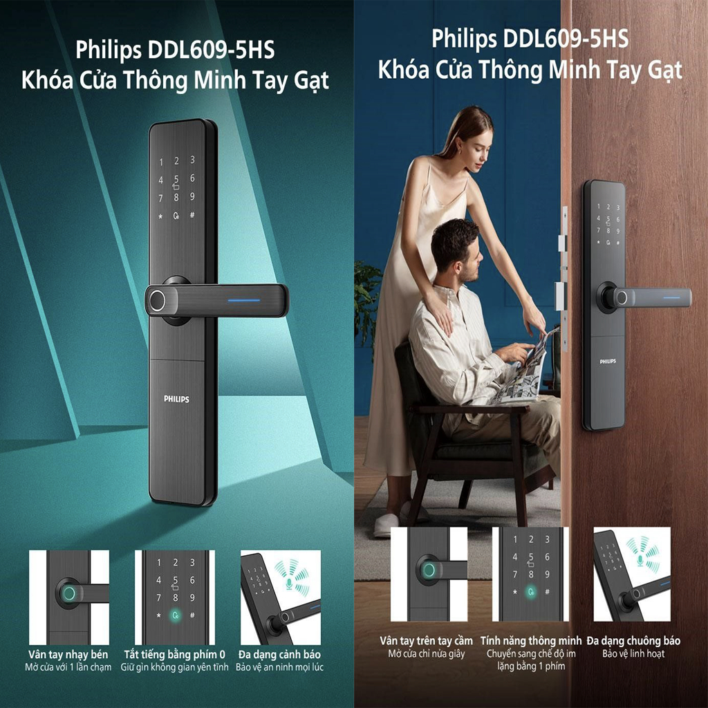 Khoá vân tay cửa gỗ Philips DDL609-5HS