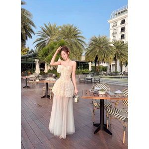 Đầm 2 dây cúp ngực ren corset phối chân lưới xoè dài