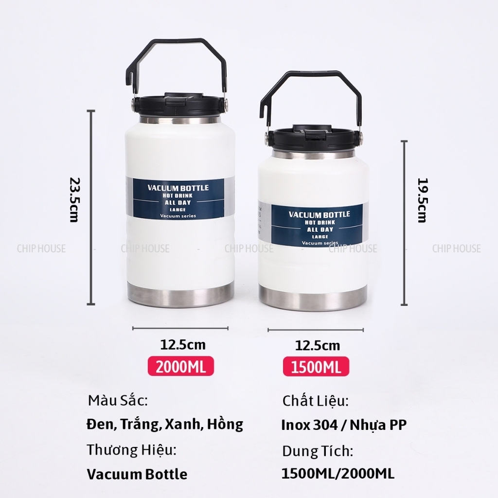 Bình giữ nhiệt BOTTLE có ống hút miệng rộng 9cm Inox 304 1500ml 2000ml giữ nhiệt 8-12 giờ