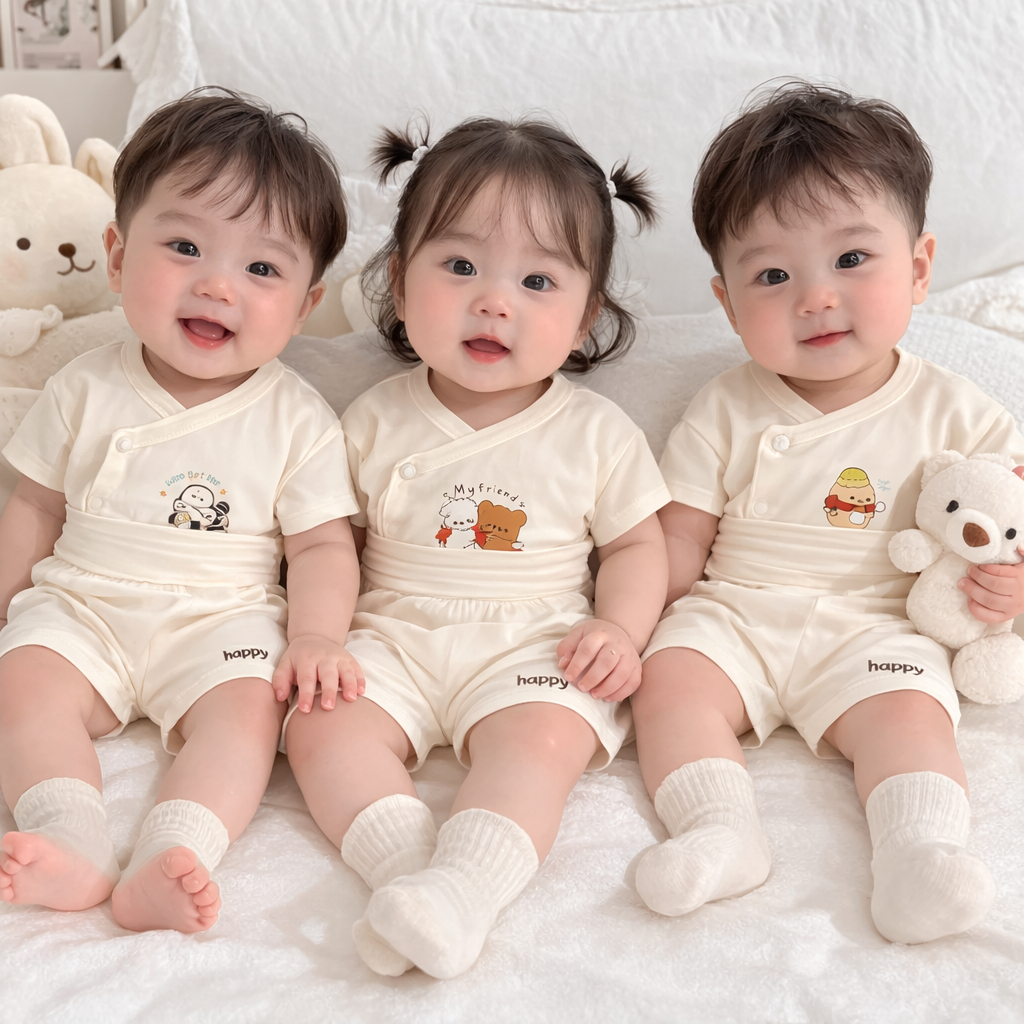 (LPCT 16) (FORM NHỎ) Combo 2-3-5 Bộ quần áo cộc Happy Kids màu kem chất petit quần cạp cao cho bé 0-9m (2.8-8kg)
