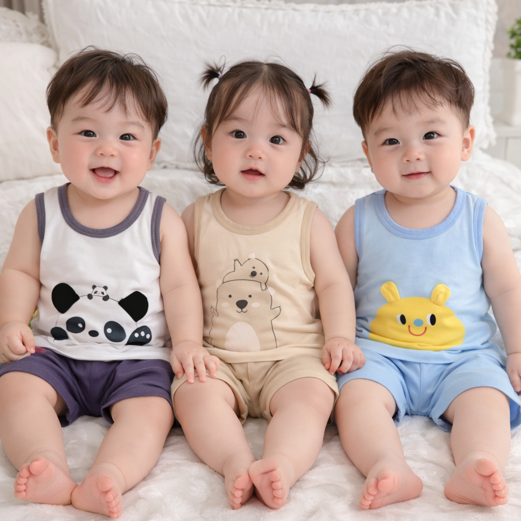 (LPBL 03) Bộ Ba Lỗ In Hình Tai Thú Dễ Thương Chất Vải Thun Lạnh Thoáng Mát Cho Bé Từ 7-18kg