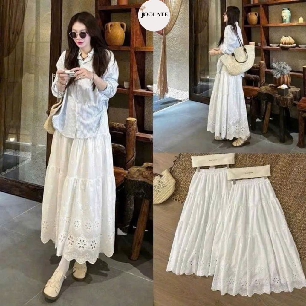 Chân Váy Midi Dáng Dài Hai Lớp Cạp Chun Chất Ren Thô Boil Thêu Hoa Thời Trang  Đi Biển- Joolate