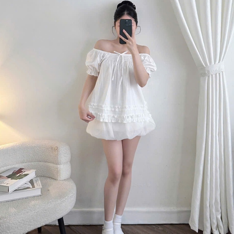 Áo Trễ Vai Nữ BABEE Tay Ngắn Bo Chun Đính Nơ Phối Bèo Mặc Được Nhiều Kiểu Phong Cách Thanh Lịch