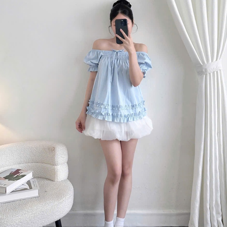 Áo Trễ Vai Nữ BABEE Tay Ngắn Bo Chun Đính Nơ Phối Bèo Mặc Được Nhiều Kiểu Phong Cách Thanh Lịch