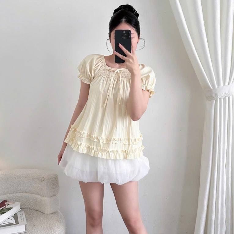 Áo Trễ Vai Nữ BABEE Tay Ngắn Bo Chun Đính Nơ Phối Bèo Mặc Được Nhiều Kiểu Phong Cách Thanh Lịch