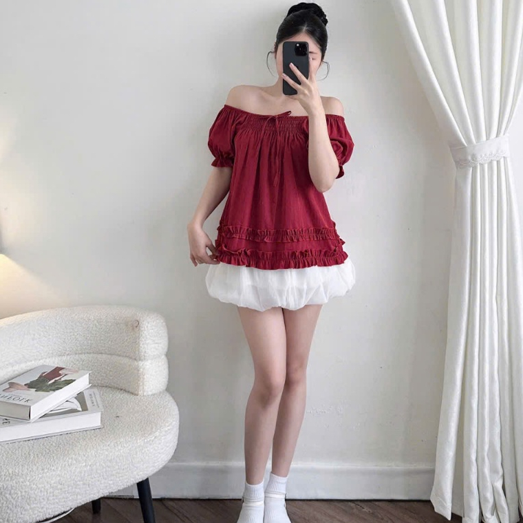 Áo Trễ Vai Nữ BABEE Tay Ngắn Bo Chun Đính Nơ Phối Bèo Mặc Được Nhiều Kiểu Phong Cách Thanh Lịch