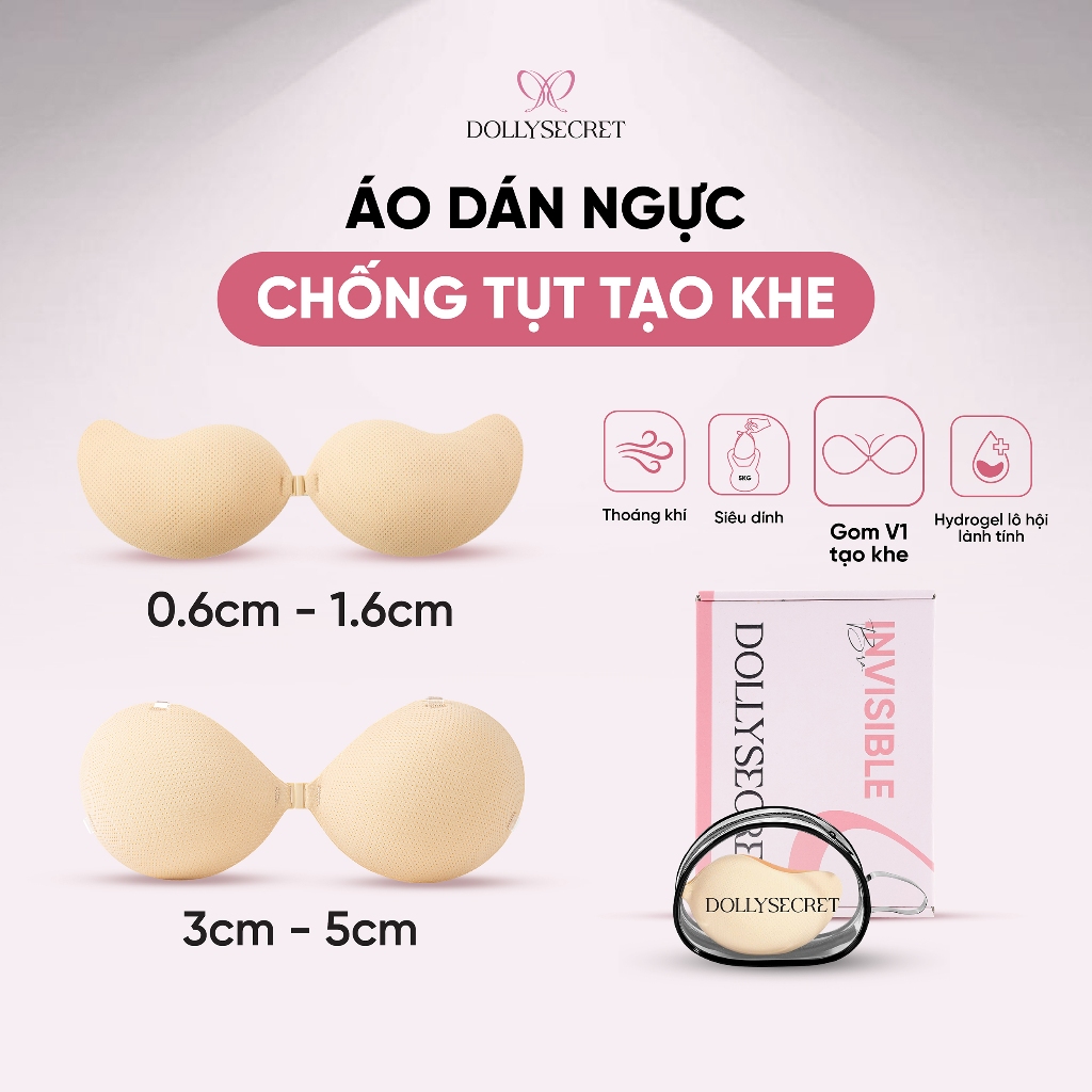 Áo Dán Ngực Dáng Xoài Độn Ngực Tạo Khe DOLLYSECRET Chống Tụt Hydrogel Lô Hội Tái Sử Dụng Nhiều Lần