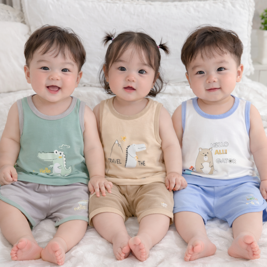 (LPBL 04) Bộ Ba Lỗ In Hình Tai Thú Dễ Thương Chất Vải Thun Lạnh Thoáng Mát Cho Bé Từ 7-18kg