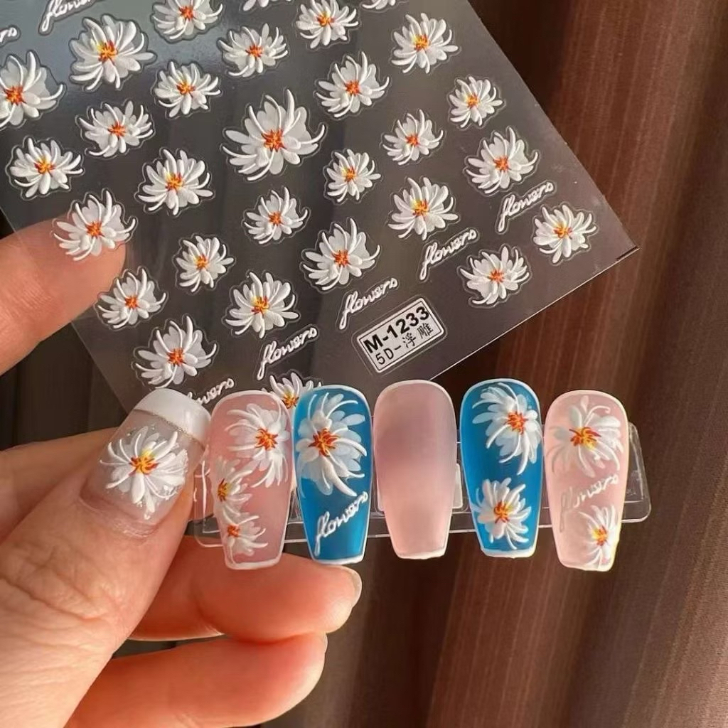 sticker hoa cúc hot trend, sticker nail hoa lụa 5d siêu xinh