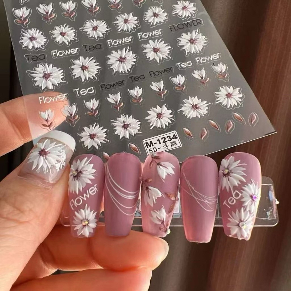 sticker hoa cúc hot trend, sticker nail hoa lụa 5d siêu xinh