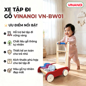 Xe Tập Đi Gỗ VINANOI VN-BW01 Cho Bé 1+ Tuổi - Xe Đẩy Tập Đi Bằng Gỗ Thông Tự Nhiên, Giúp Bé Tập Đi Vững Vàng