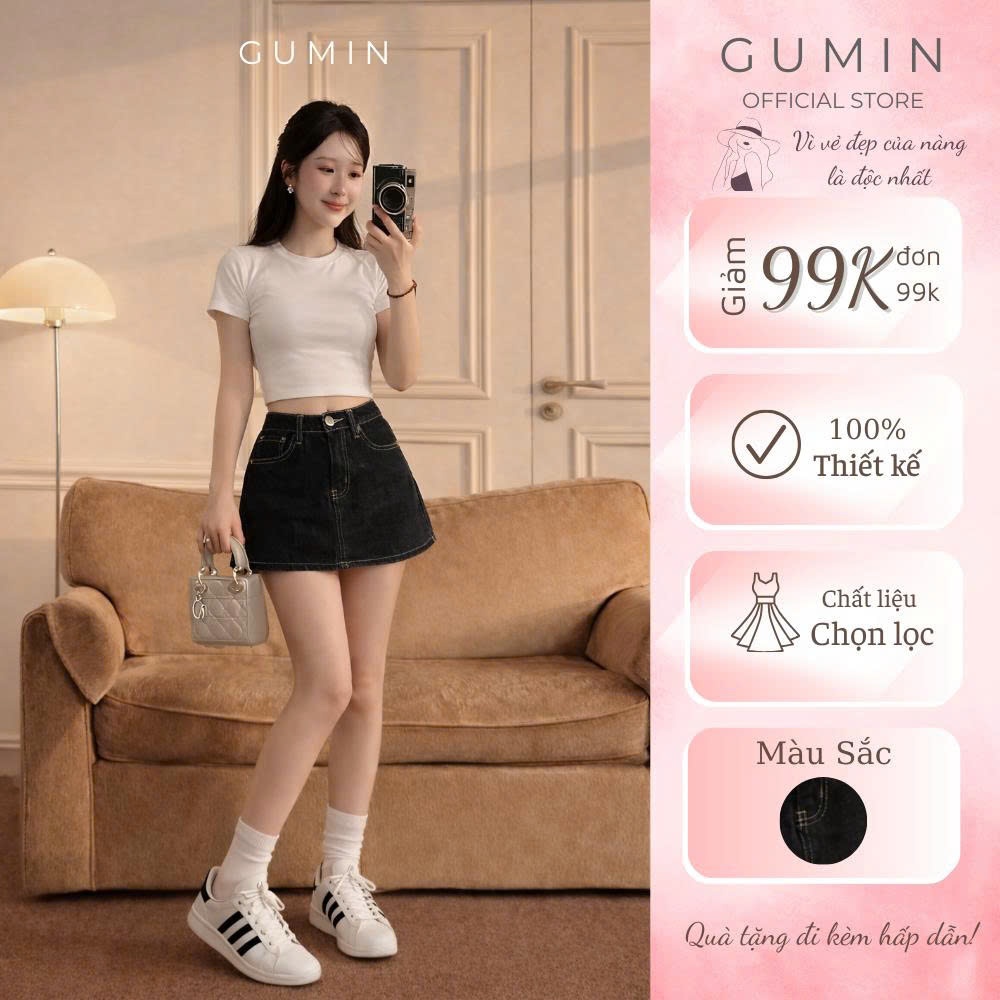 Quần giả váy jean w.e GUMIN thiết kế quần màu xanh than dáng chân váy ngắn chữ A basic sang chảnh cao cấp