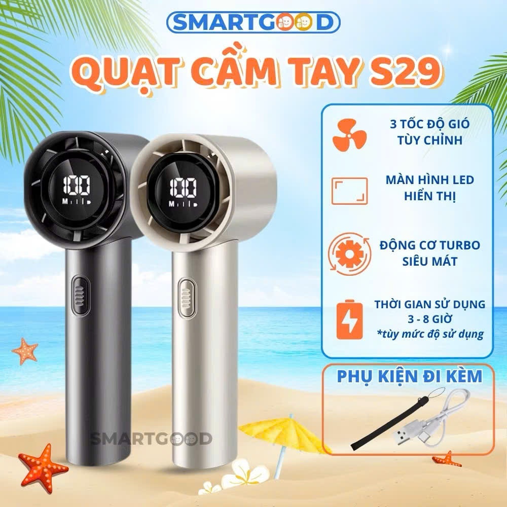 [Xả Hàng] Quạt Tích Điện Mini Turbo S29,S30 Nhiều Cấp Độ Gió, Quạt Điện Cầm Tay Hiển Thị Đèn Led 100 Gear Tốc Độ Cao.