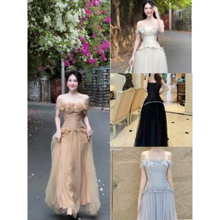 Đầm công chúa dạ hội chất tapta có mút mặc được hai kiểu trễ vai 2 dây đính bông hoa viền đá tùng váy lưới