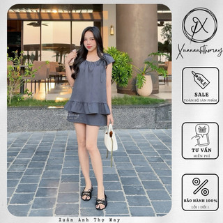 [ S2 ] Set áo + chân váy ngắn hoa trà dập nổi - Xuananhthomay