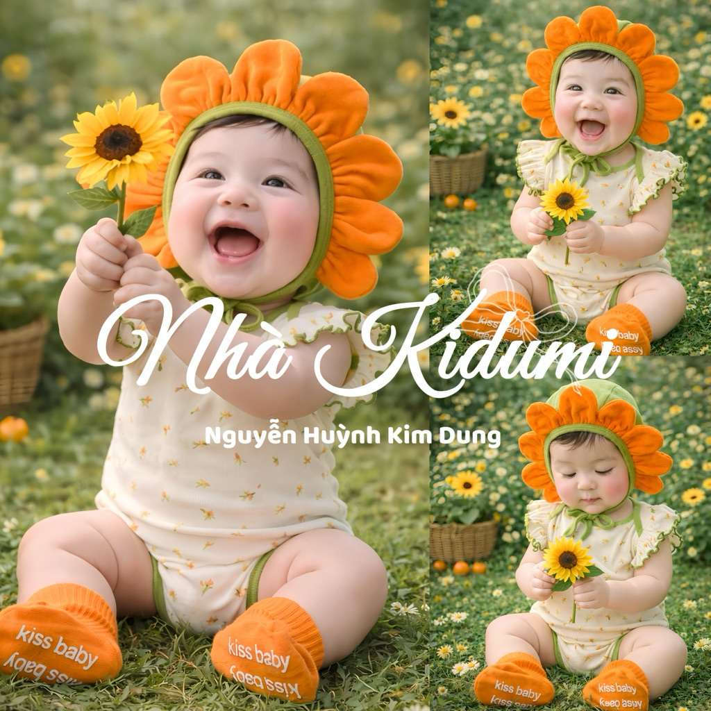 (Bản Gốc-SẴN SHIP) Set Body Liền Thân Bé Gái Hoa Mặt Trời Kèm Nón – Vải Cotton Mềm Mỏng Thoáng Mát – Cho Bé 4-12kg